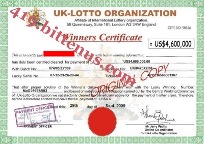 Uk-Lottery Winnings Certificate